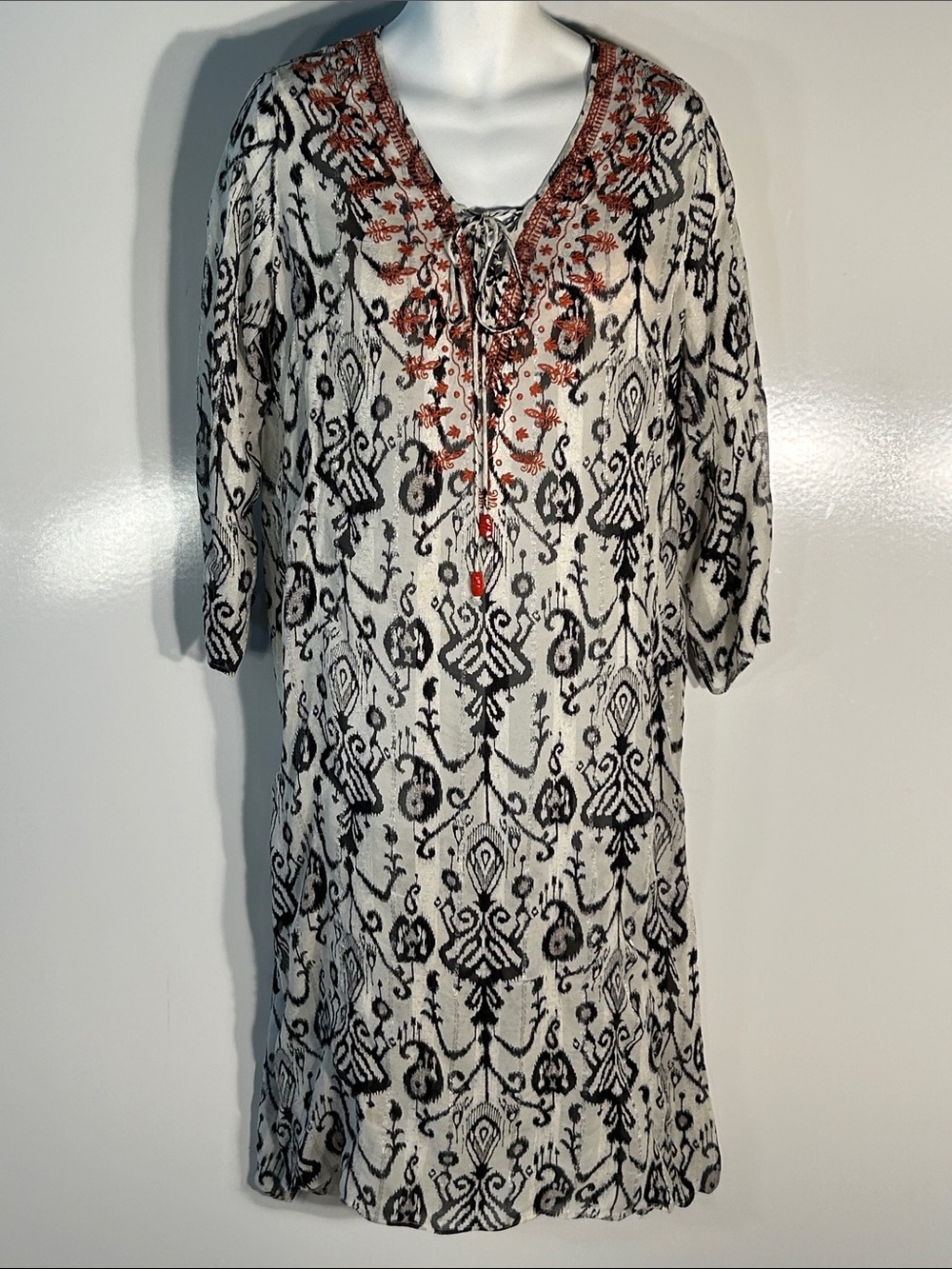 Zara SZ S Silky Navy Ikat Print Embroidered Midi Dress Boho Resort Chic
